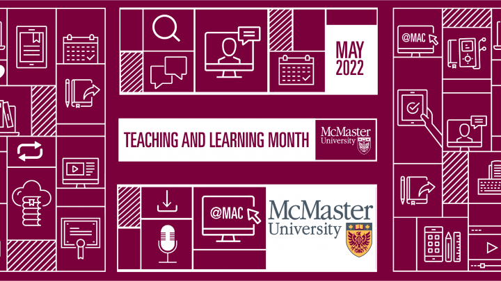Graphic image containing icons relating to teaching and learning themes with McMaster University logo