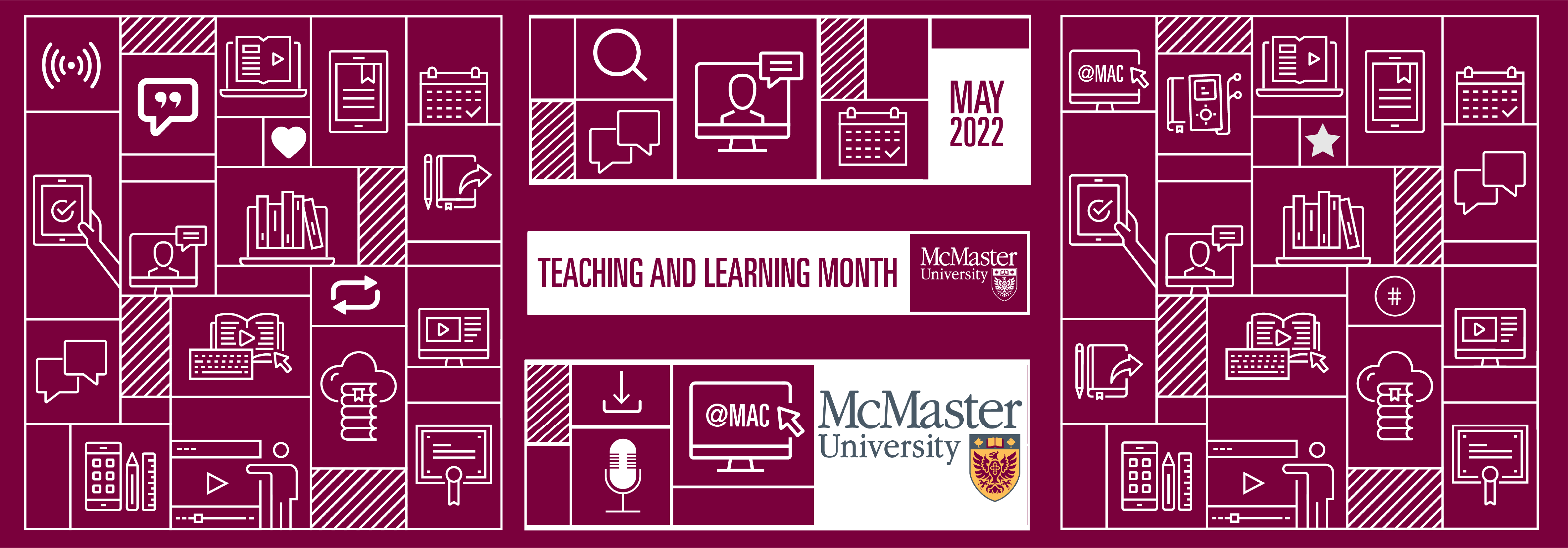 Graphic image containing icons relating to teaching and learning themes with McMaster University logo