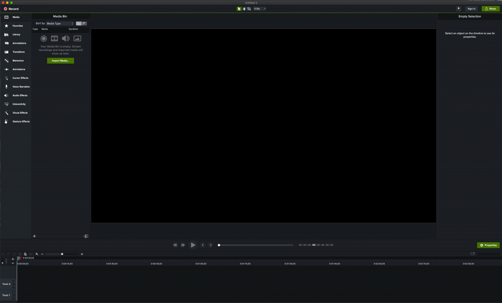 Screenpture from Camtasia software showing a timeline