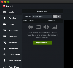 Screencapture from Camtasia software showing a media bin