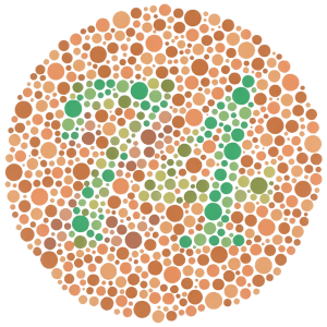 A graphic illustration of colour blindness made up of orange and green dots.