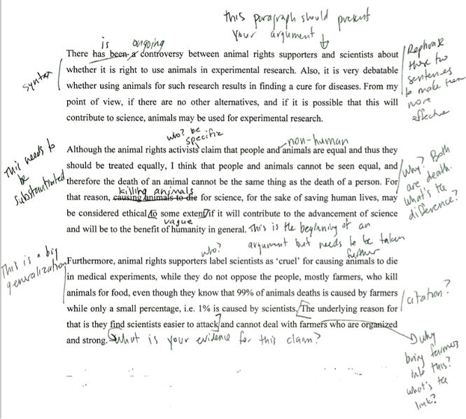 Three paragraphs of typed text with many handwritten comments in the margins at both sides of the page, between paragraphs, and addressing specific sentences, as well as some copy-editing comments." title="Three paragraphs of typed text with many handwritten comments in the margins at both sides of the page, between paragraphs, and addressing specific sentences, as well as some copy-editing comments.