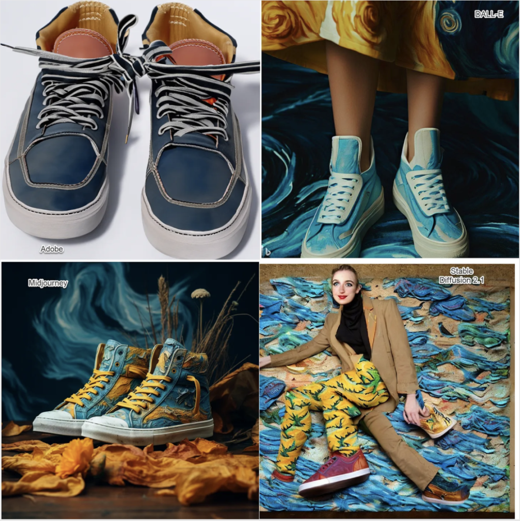 our sneakers created using four different image generator AI technology (Adobe, DALL-E, MidJourney, Stable Diffusion 2.1). The Midjourney sneaker design follows the prompt the best, using additional props (ex. flowers) and an attractive blue background, to draw the focus to the sneakers.