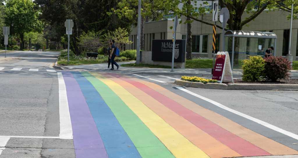 Rainbow coloured crosswalk on McMaster campus