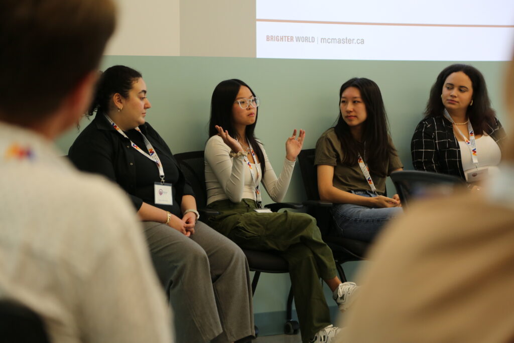 Students (Senem Karaceper, Victoria Bui, Jennifer Zhu, and Valeria Flores) discuss their experiences working in the Student Partners Program at McMaster.